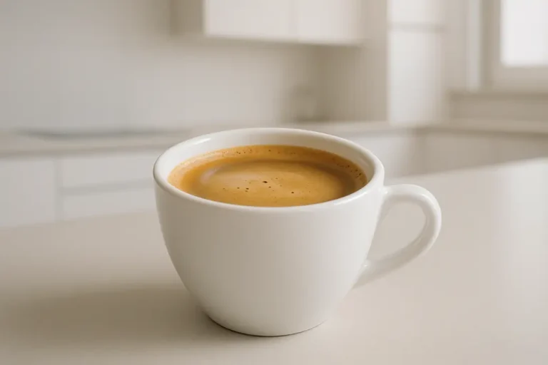 A single white coffee cup photographed at a 45-degree angle showing the coffee inside with a smooth crema layer, centered against a clean modern kitchen background with soft, even lighting.