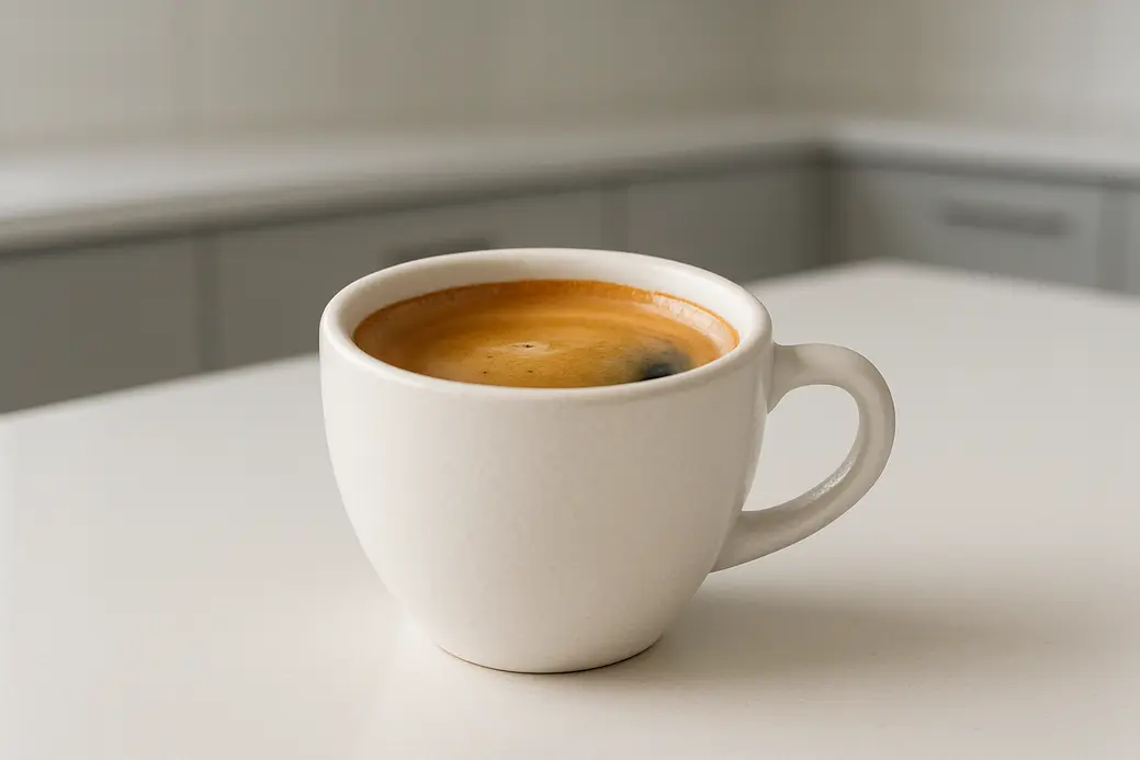 A white coffee cup photographed at a 45-degree angle showing coffee with a crema layer in a clean, modern kitchen with soft, even lighting.