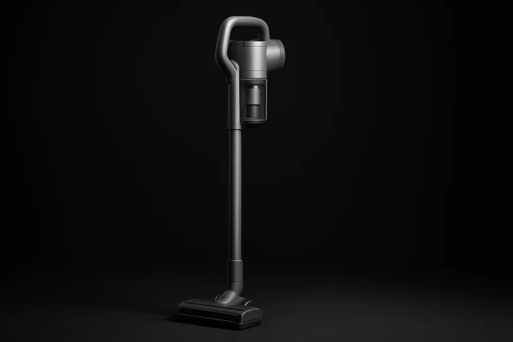 A high-quality product photo of a complete wireless vacuum cleaner centered against a black background with soft spotlight lighting highlighting its features, showing a sleek and clean design.