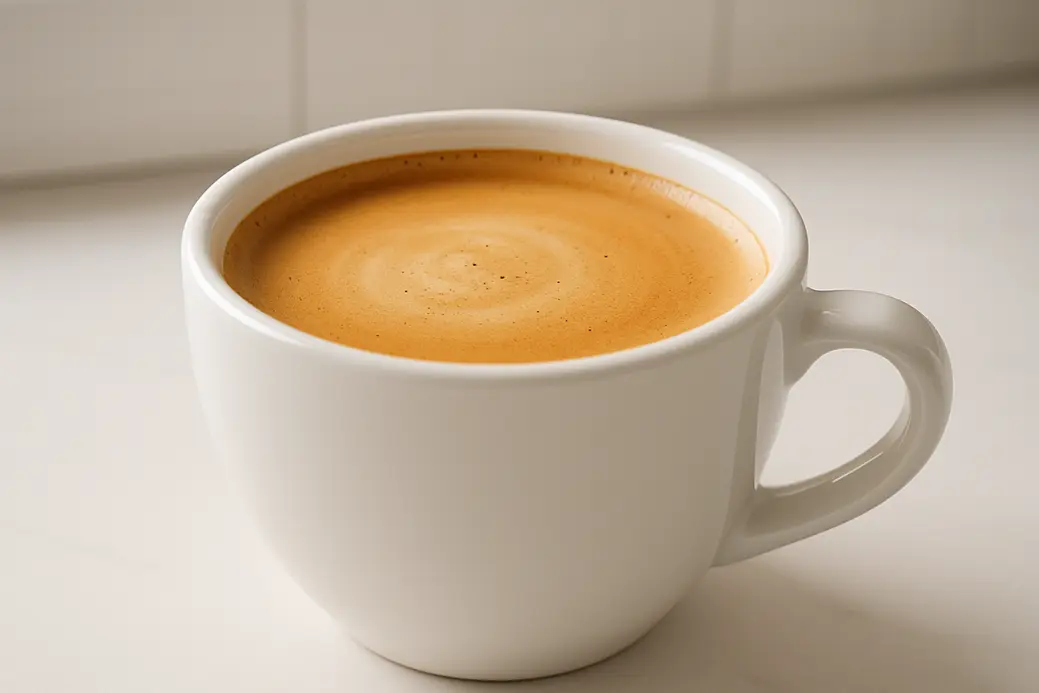 Close-up photo of a single white coffee cup centered on a table at a 45-degree angle, showing the creamy crema layer on top of the coffee, against a modern kitchen backdrop with soft lighting.