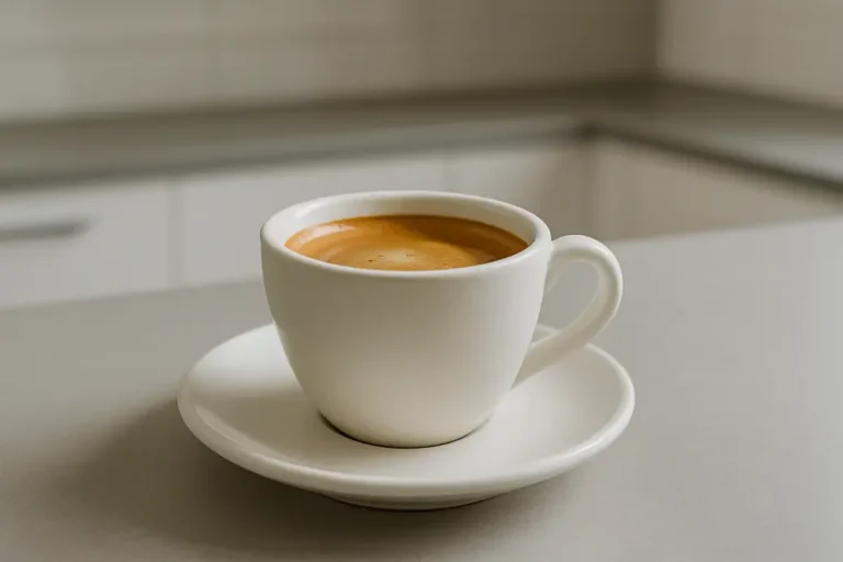 White coffee cup at a 45-degree angle showing coffee with a smooth crema layer, placed in a clean modern kitchen background