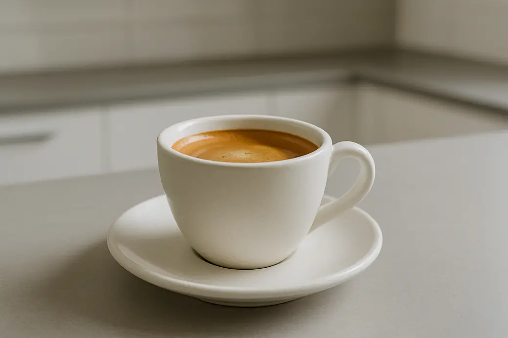 White coffee cup at a 45-degree angle showing coffee with a smooth crema layer, placed in a clean modern kitchen background