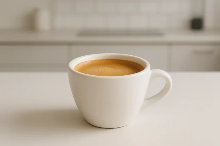 A white coffee cup photographed at a 45-degree angle showing smooth crema on the coffee inside, set against a modern kitchen background with soft, even lighting