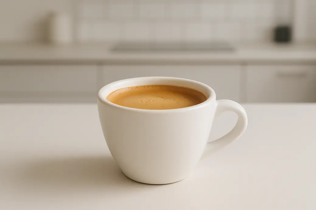 A white coffee cup photographed at a 45-degree angle showing smooth crema on the coffee inside, set against a modern kitchen background with soft, even lighting