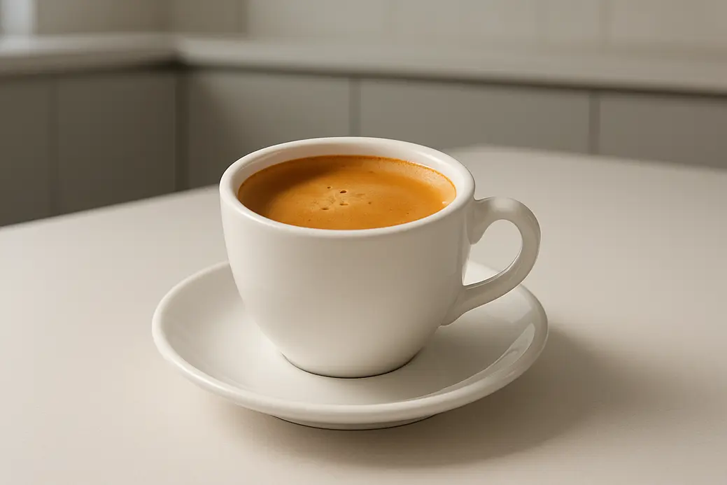 Close-up photo of a single white coffee cup with a smooth crema layer on the coffee, placed centrally, shot at a 45-degree angle, with soft even lighting and a clean neutral modern kitchen background.