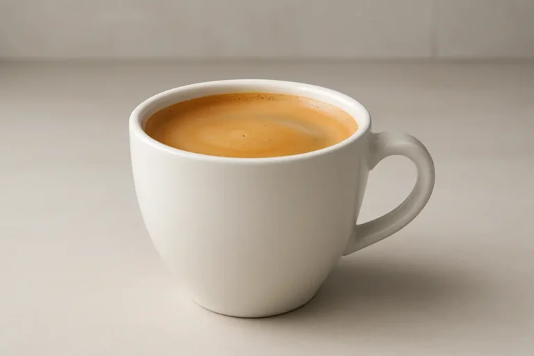 A single white coffee cup filled with freshly brewed coffee showing a smooth crema layer, photographed at a 45-degree angle with soft, even lighting in a clean modern kitchen setting.