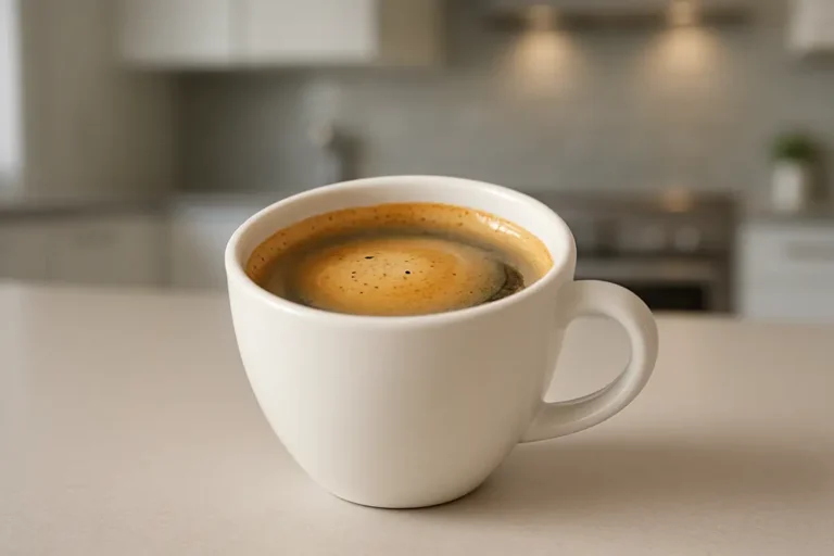 A white coffee cup photographed at a 45-degree angle showing fresh coffee with a crema layer inside, placed on a clean surface in a modern kitchen with soft lighting