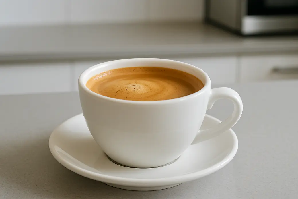 A white coffee cup filled with coffee showing a smooth crema layer, photographed at a 45-degree angle against a softly blurred modern kitchen background with soft even lighting.