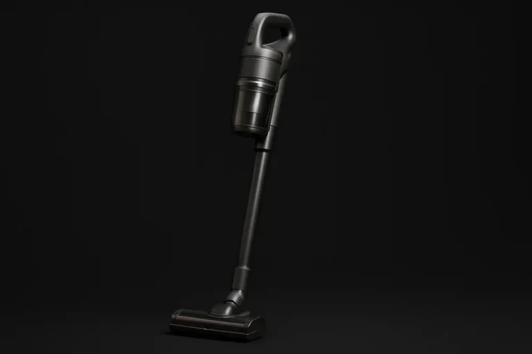A professional studio photograph of a complete cordless vacuum cleaner centrally placed against a black background, evenly lit to highlight all details with soft lighting and no shadows.