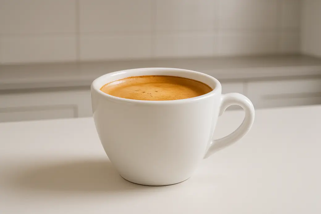 A clean white coffee cup from a 45-degree angle showing the smooth crema layer on the coffee surface, centrally placed with soft and even lighting in a modern kitchen environment.