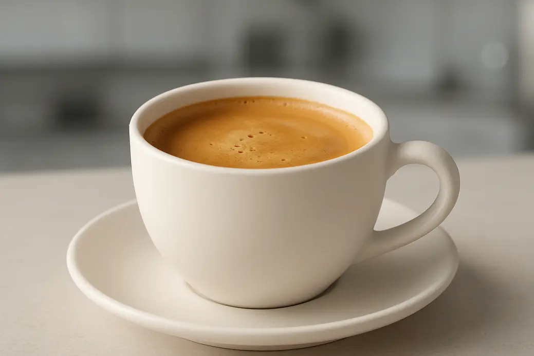 Close-up product photo of a single white coffee cup with a creamy coffee layer, shot from a 45-degree angle against a softly lit modern kitchen background