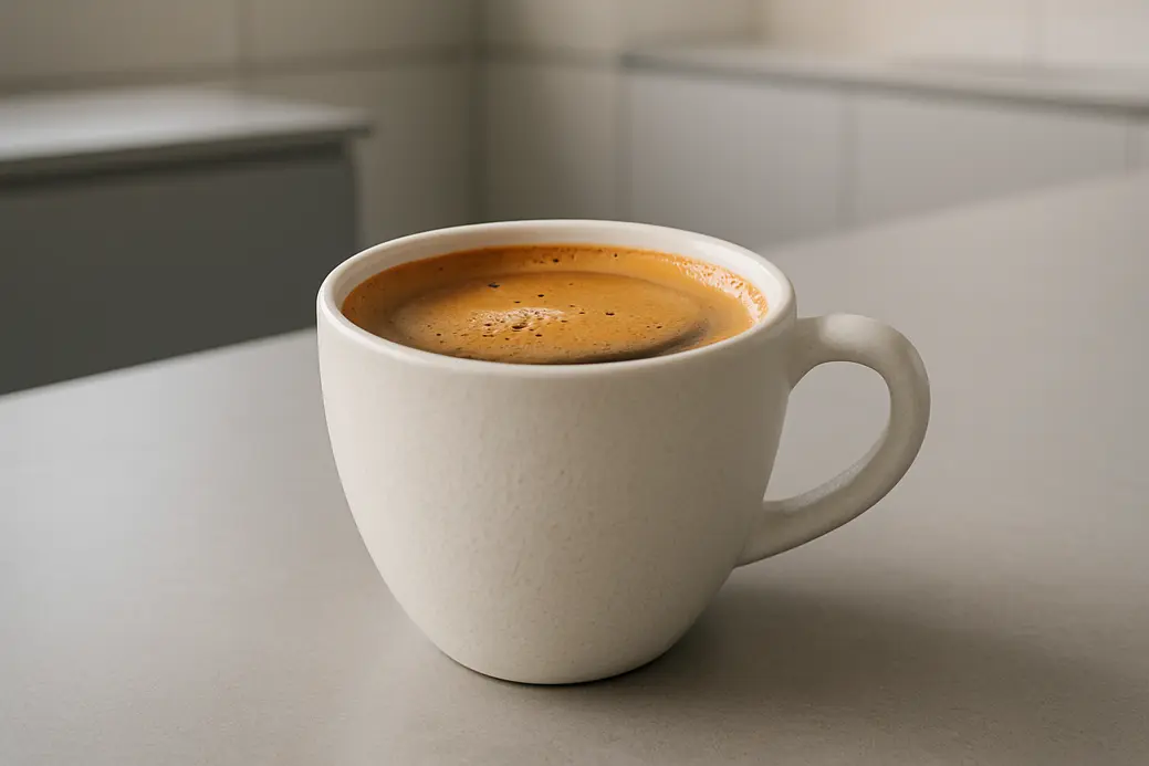 Photo of a single white coffee cup with a visible crema layer, shot at a 45-degree angle in a modern kitchen with soft and even lighting