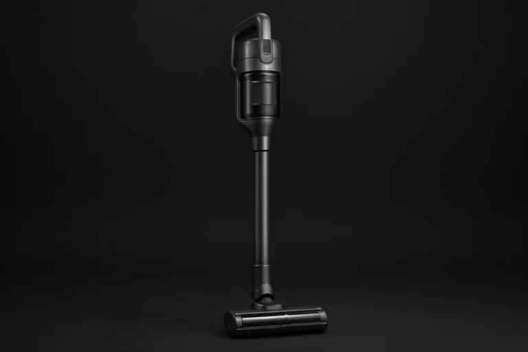 Clean and sharp product photo of a complete wireless vacuum cleaner centered on a black background with soft, even lighting highlighting its design and details.