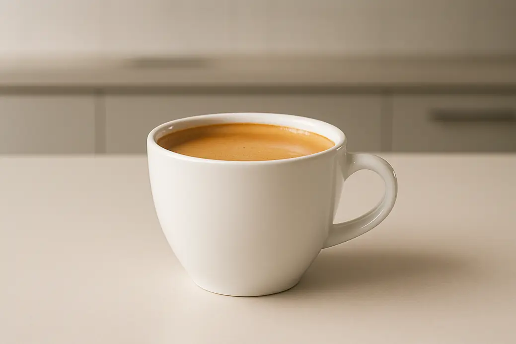 A clean, professional product photo of a single white coffee cup filled with coffee topped with a smooth crema layer, photographed at a 45-degree angle against a modern kitchen background with soft, even lighting.