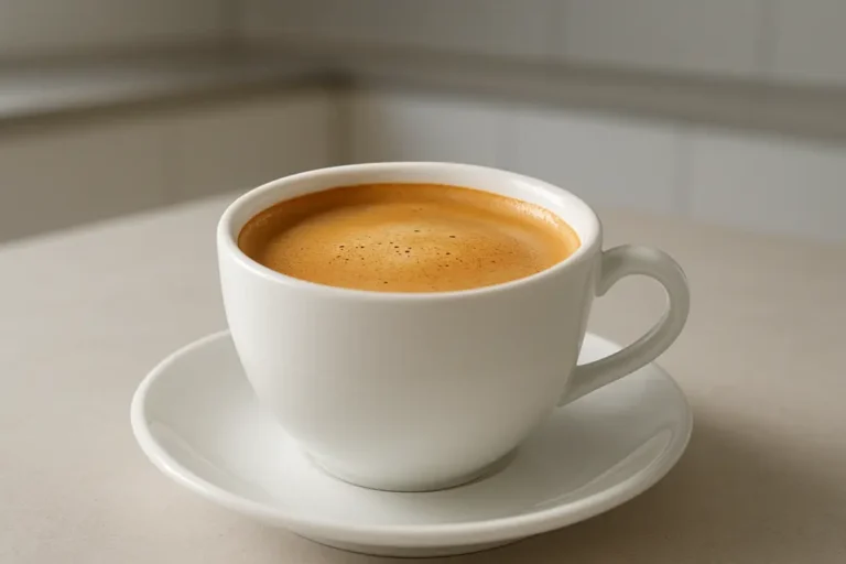 A single white coffee cup with fresh coffee and smooth crema layer, photographed at a 45-degree angle with soft even lighting against a neutral background in a modern kitchen setting.