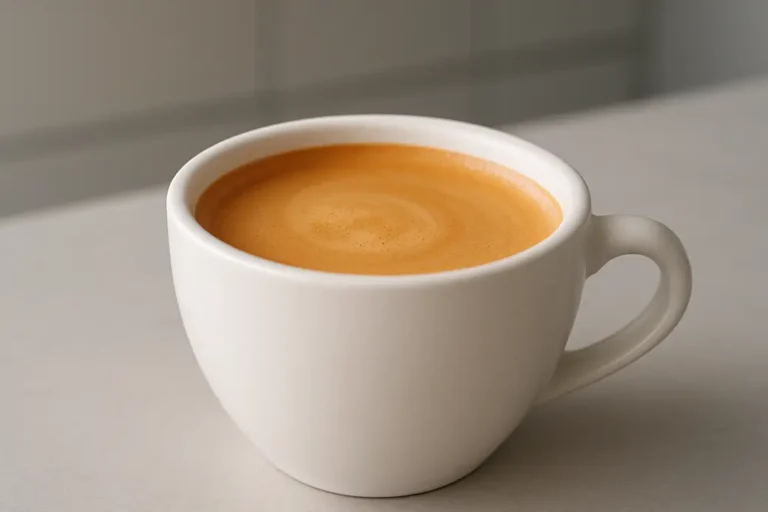 Close-up photo of a white coffee cup filled with coffee topped with a fresh crema layer, photographed at a 45-degree angle with soft even lighting and a modern kitchen background.
