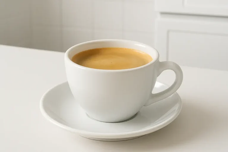 A white ceramic coffee cup filled with coffee topped by crema, photographed at a 45-degree angle in a clean modern kitchen environment with soft and even lighting.