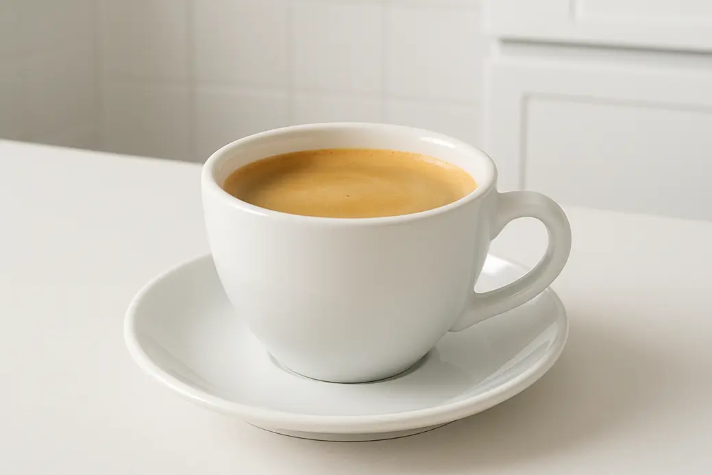 A white ceramic coffee cup filled with coffee topped by crema, photographed at a 45-degree angle in a clean modern kitchen environment with soft and even lighting.