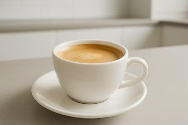 A single white coffee cup photographed at a 45-degree angle showing freshly brewed coffee with a smooth crema layer, placed in a modern kitchen setting with soft and even lighting.