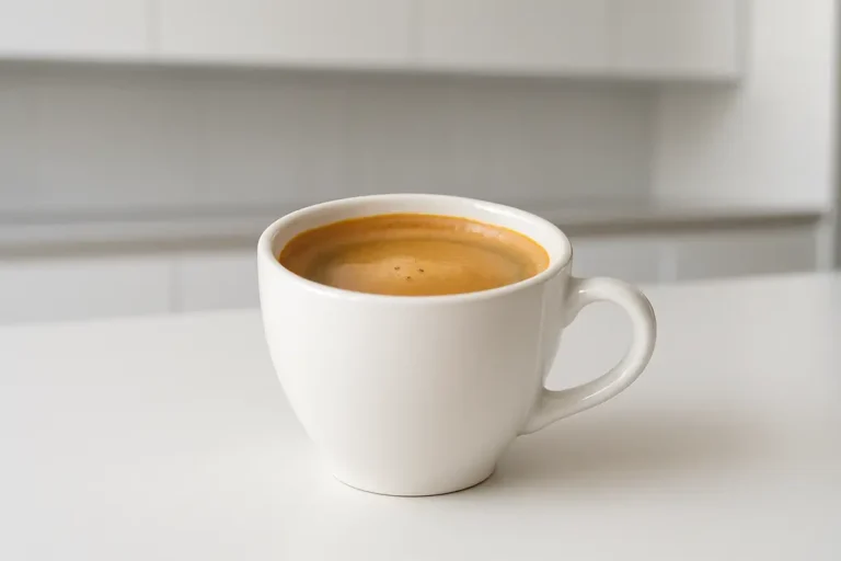 A single white coffee cup with visible coffee and smooth crema layer, photographed at a 45-degree angle against a clean neutral background in a modern kitchen with soft, even lighting
