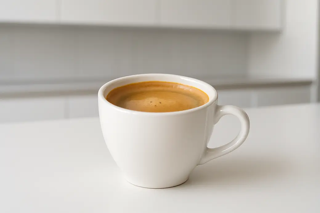 A single white coffee cup with visible coffee and smooth crema layer, photographed at a 45-degree angle against a clean neutral background in a modern kitchen with soft, even lighting