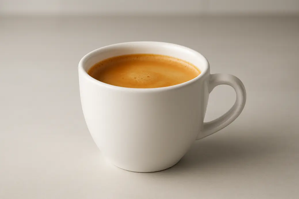 A clean, white coffee cup filled with coffee topped with a crema layer, shot at a 45-degree angle against a neutral background with soft, even lighting.