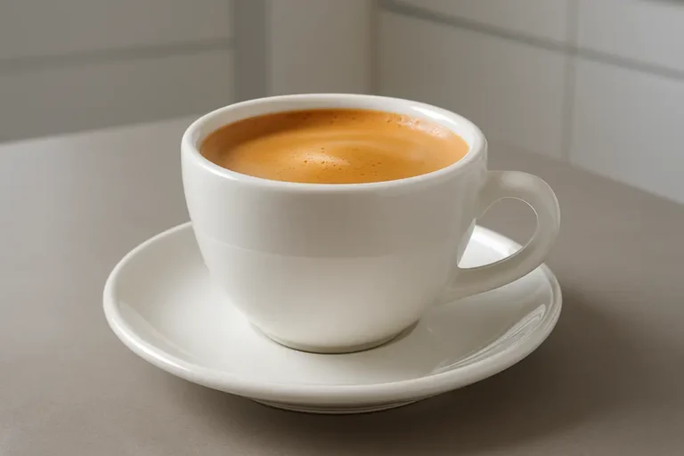 A single white coffee cup with smooth crema on coffee, photographed at a 45-degree angle with soft professional lighting and a modern kitchen background