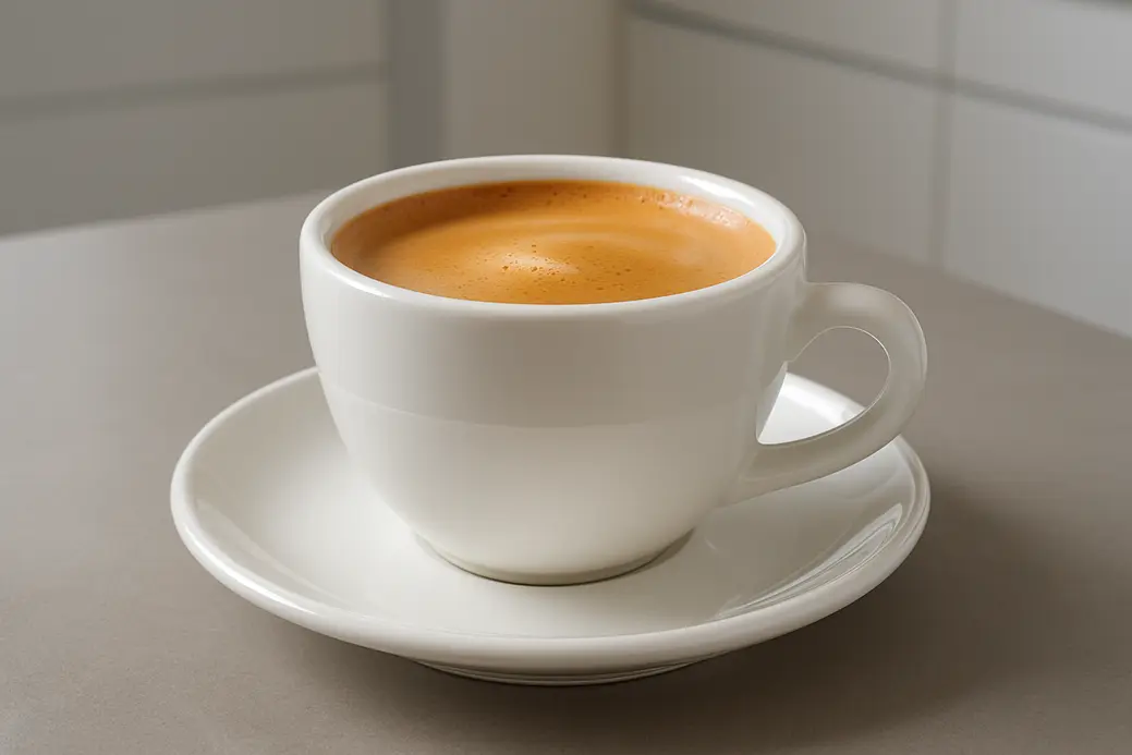A single white coffee cup with smooth crema on coffee, photographed at a 45-degree angle with soft professional lighting and a modern kitchen background