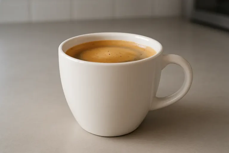 A clean white coffee cup containing fresh coffee with a smooth crema layer, captured at a 45-degree angle against a modern kitchen background with soft even lighting.