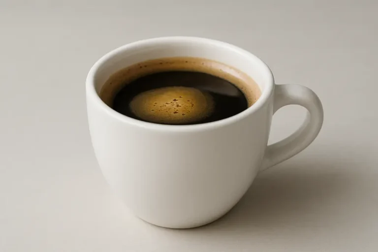 A white coffee cup filled with freshly brewed coffee topped with a smooth crema layer, photographed at a 45-degree angle against a clean neutral background in a modern kitchen setting.