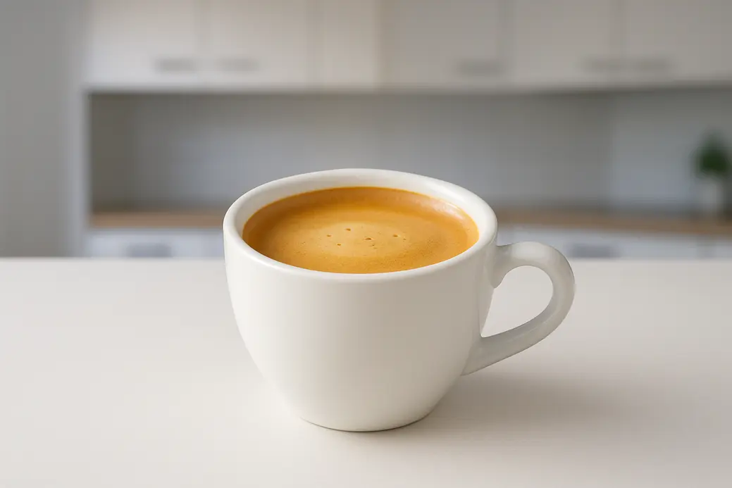 A white coffee cup with a smooth crema layer, photographed at a 45-degree angle showing the full cup against a modern kitchen background with soft, even lighting.