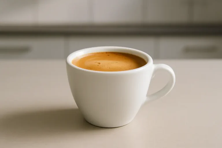 Clean product photo of a white coffee cup with freshly brewed coffee and a creamy crema layer, photographed at a 45-degree angle against a modern kitchen background