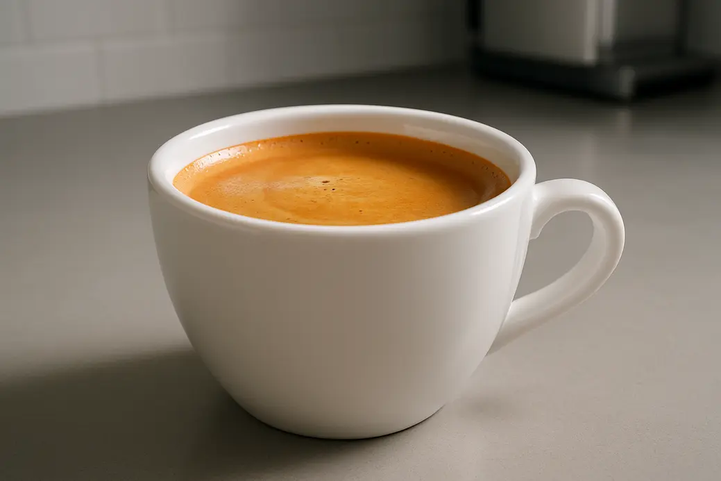 Photo of a single white coffee cup filled with coffee showing a crema layer, taken at a 45-degree angle, set against a clean modern kitchen background with soft even lighting.