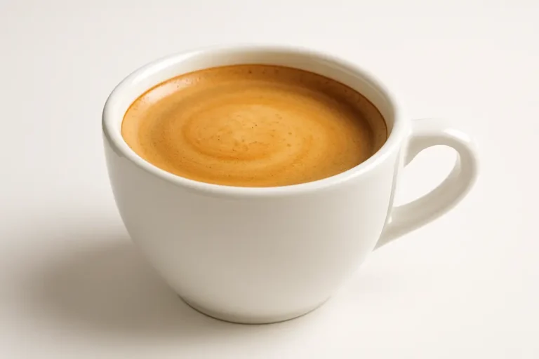 A white ceramic coffee cup filled with coffee displaying a smooth crema layer, photographed at a 45-degree angle on a white background with soft even lighting.