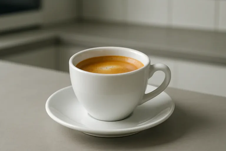 White coffee cup photographed at a 45 degree angle displaying freshly brewed coffee with a visible crema layer, placed centrally against a modern kitchen background under soft, even lighting.
