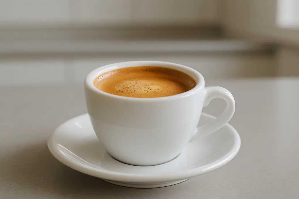 A white coffee cup viewed at a 45-degree angle, filled with coffee topped with a rich crema layer, placed centrally against a clean, neutral modern kitchen background, lit with soft and even lighting.