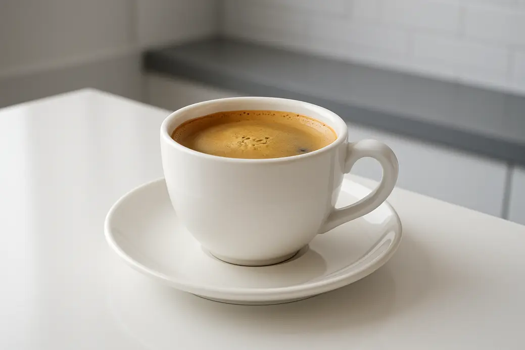 A clean white coffee cup with visible coffee and a smooth crema layer, photographed from a 45-degree angle with soft, even lighting, placed centrally on a reflective surface in a minimalistic kitchen environment.