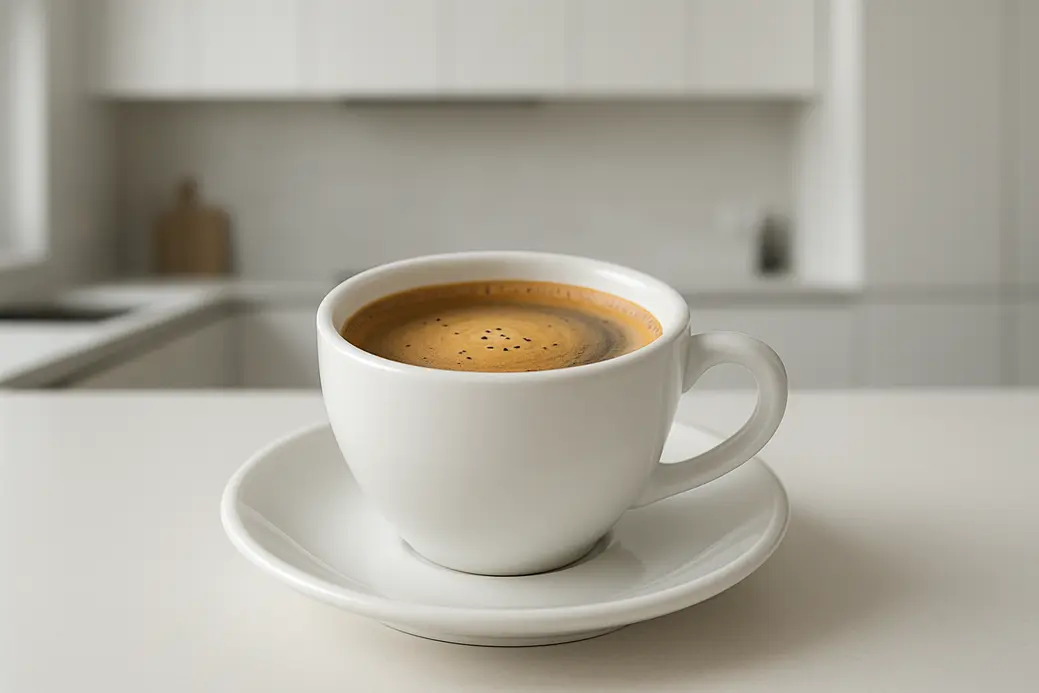 Close-up photo of a white coffee cup at a 45 degree angle showing coffee with a creamy layer inside, placed centrally in a modern kitchen setting with soft, even lighting.
