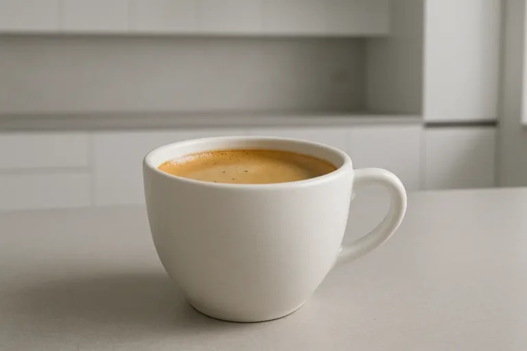 Single white coffee cup filled with fresh coffee topped with smooth crema, photographed at a 45-degree angle against a clean modern kitchen background with soft even lighting and no shadows