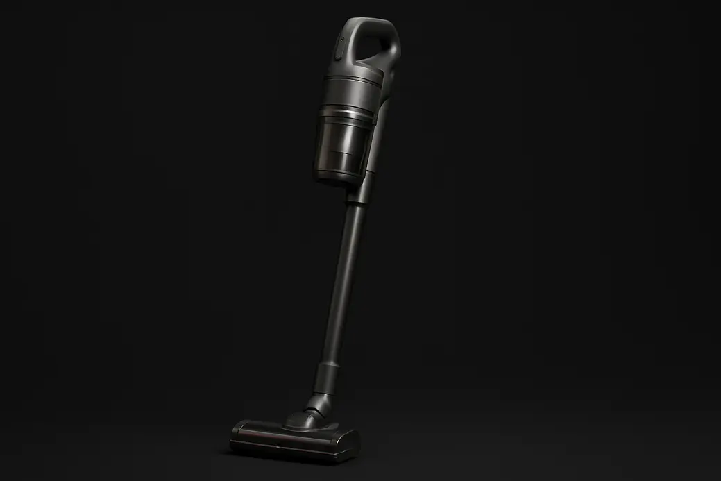 A professional studio photograph of a complete cordless vacuum cleaner centrally placed against a black background, evenly lit to highlight all details with soft lighting and no shadows.
